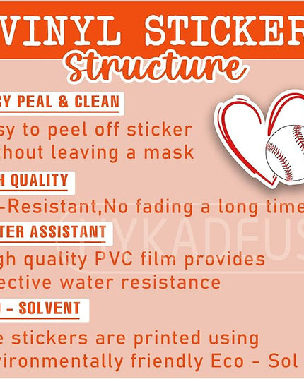 (3Pcs) Baseball Stickers Waterproof Vinyl Baseball Heart Decals for Water Bottle, Tumbler, Laptop, Phone Case, Poster Board, Scrapbooking, Team Players, Coach, 3" x 2.8"