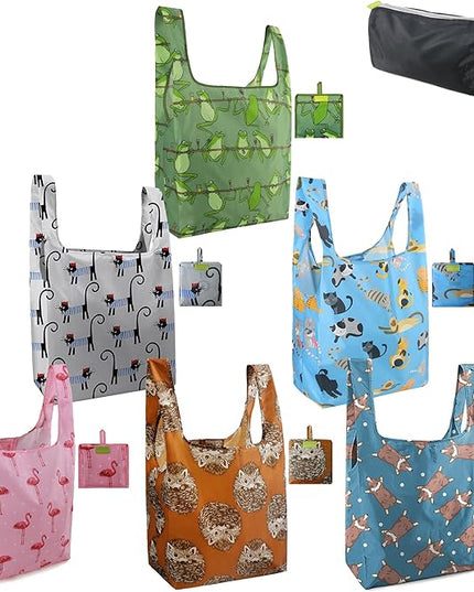 BeeGreen Animals Lover Gifts for Women Animals Reusable Grocery Bags Shopping Bags Bulk 6 Pack 50LBS X-Large Foldable Hedehog Cats Dogs Frog