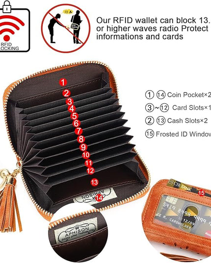APHISON RFID Credit Card Holder Zipper Card Case Keychain Small Wallet for Women 1927 BROWN