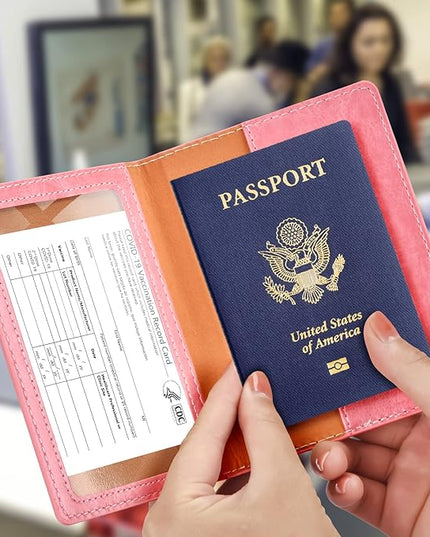Eoehro Passport and Vaccine Card Holder, Faux Leather, AI-pink, Compact, Lightweight, Waterproof