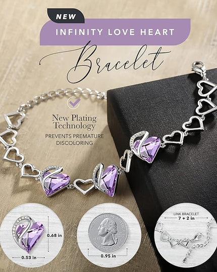 Leafael Infinity Love Heart Link Bracelets, Birthstone or Healing Stone Crystal Bracelet for Women, Silver Tone Jewelry Gifts for Her, 7-inch Chain and 2-inch Extender