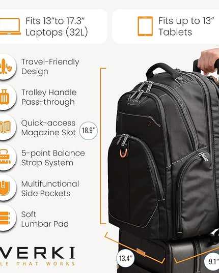 EVERKI 32L Atlas Business Laptop Backpack – Adjustable Compartment for Work, Travel-Friendly Business & Office Backpack for Men & Women, College, Durable Computer Bag, Fits 13"-17.3", Black