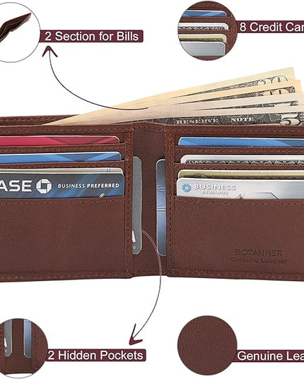 BOTANNER Mens Leather Bifold Wallet RFID Blocking, 8 Credit Card Slots, 2 Sections for Notes & 2 Additional Slots | Choco