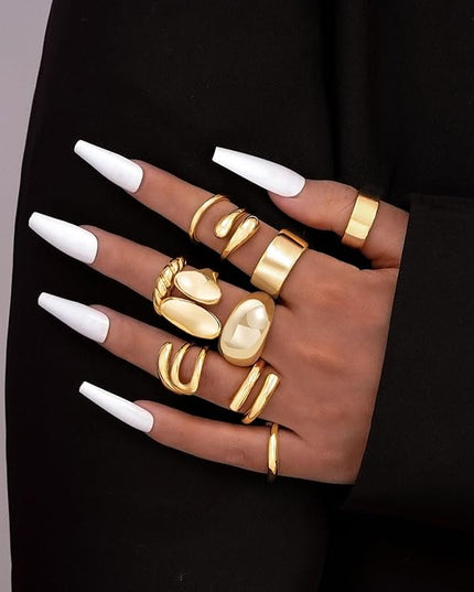ÌF ME 10 PCS Gold Rings Set for Women Non Tarnish, 18K Gold Plated Chunky Stackable Rings, Statement Stacking Womens Ring Pack