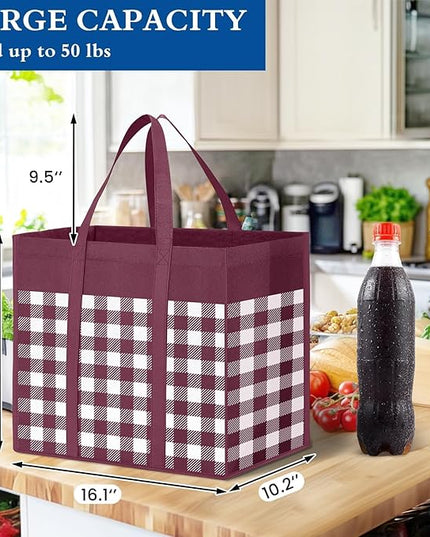 WISELIFE Reusable Grocery Shopping Bags 10 Pack Large Foldable Tote Bags Bulk, Long Handle for Shopping Groceries Clothes (Plaid C)