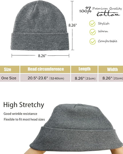 100% Cotton Beanie Hat- Unisex Ultra Soft Winter Warm Stretch Knit Cuffed Hats Fisherman Beanies Skull Cap