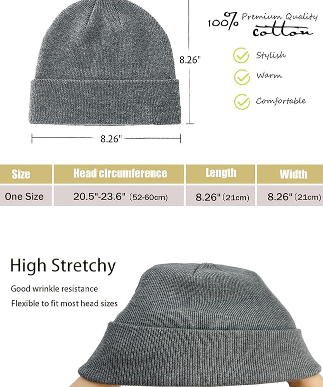 100% Cotton Beanie Hat- Unisex Ultra Soft Winter Warm Stretch Knit Cuffed Hats Fisherman Beanies Skull Cap