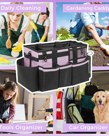 Wearable Cleaning Caddy, Cleaning Caddy Supplies Organizer with Handle & Shoulder Straps for Housekeepers, Under Sink & Car Cleaning Tool Organizers Bag with 4 Foldable Divider (Lilac)