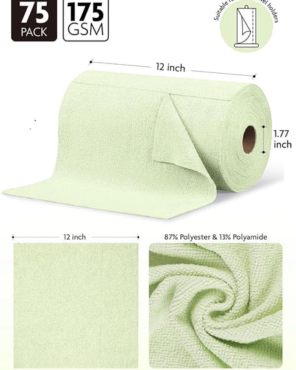 Fantasticlean Microfiber Cleaning Cloth Roll -75 Pack, Tear Away Microfiber Towels, 12" x 12", Reusable, Washable, Scratch Free, Ultra Absorbent Dishcloth for All-Around Cleaning Supplies (Green)