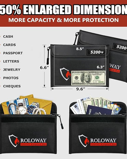 ROLOWAY Fireproof Bag (9.6 x 6.6 inches) 5200℉ Heat Insulated, Fireproof Money Bag with Zipper for Cash (2-Pack Black)