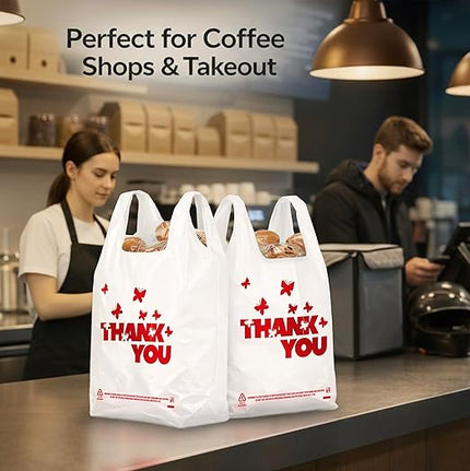 YoYoRain 1000 Pack White Thank You T-Shirt Bags with Handles, 11"x6"x21" Durable HDPE Plastic Carry-Out Shopping Bags for Grocery, Retail, Takeout & Small Business