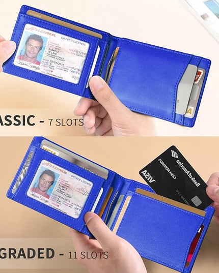 RUNBOX Slim Wallet for Men Genuine Leather RFID Blocking Bifold Minimalist Front Pocket Mens Wallet with Money Clip Thin Gift Box