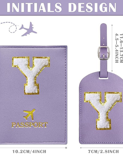 COSHAYSOO Purple Initial Passport Cover Holder and Luggage Tag Set TSA Approved with Letter Name Patch for Women Teenage, Travel Passport Book Vaccine Card Combo Bag Suitcase Identifier (Y)