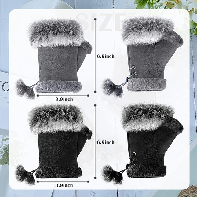 SATINIOR Women Fur Fingerless Gloves Winter Rabbit Fur Lined Half Finger Mittens for Women Girls Teen Working Writing
