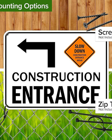 Slow Down Construction Entrance Ahead With Left Arrow Sign, 18x24 Inches, 55 mil thick HDPS (high density polystyrene), Made in USA by My Sign Center