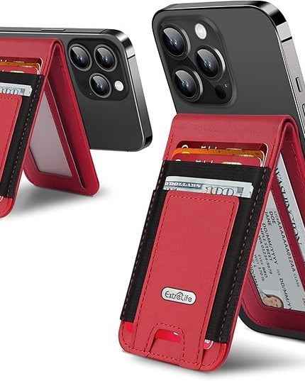 For Magsafe Wallet Stand, Strongest Magnetic Wallet for iPhone 17/16/15/14/13/12 Series, Magnetic Card Holder with Adjustable Stand, ID Window, 10 Cards Holder, Vegan Leather, RFID Blocking, Red