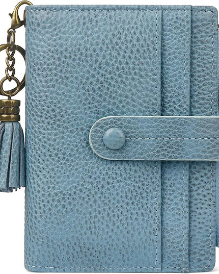 Blucoay Leather Wallet Women,RFID Blocking Small Wallet for Women Compact Card Holder Bifold Tassel Wallet Coin Purse With ID Window lzblue