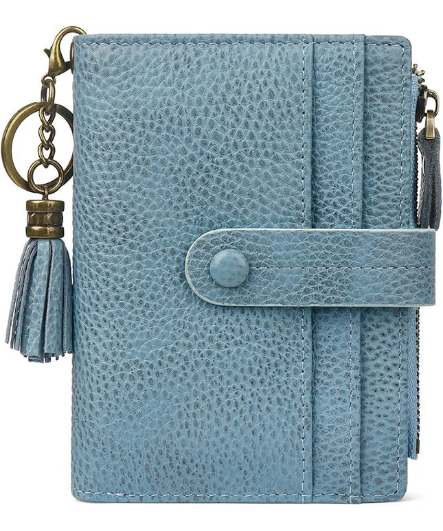 Blucoay Leather Wallet Women,RFID Blocking Small Wallet for Women Compact Card Holder Bifold Tassel Wallet Coin Purse With ID Window lzblue