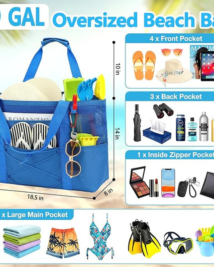 Mesh Beach Bag, Large Beach Tote with Zipper Pocket, Toys Pool Bag for Family Travel Vacation Cruise Essentials