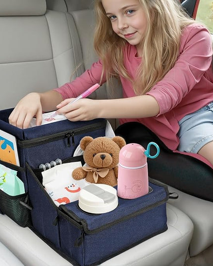 Car Seat Organizer, Backseat Car Organizer with Cup Holder Tray and Storages for Kids and Adults, Portable Travel Cooler for Car for Front or Back Seat Passenger Organizer Ccompartment (Navy Blue)