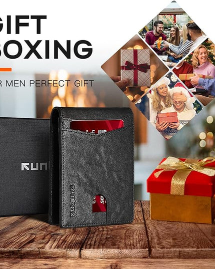 RUNBOX Wallet for Men Slim Leather Bifold RFID Blocking Minimalist Front Pocket Design with Gift Box