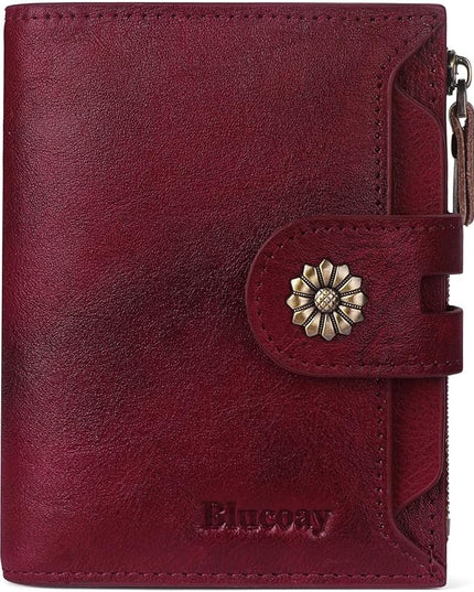 Blucoay Wallet Women,RFID Blocking Real Leather Womens Wallet Bifold Compact Card Holder Small Wallet for Women with Removable ID Window Red