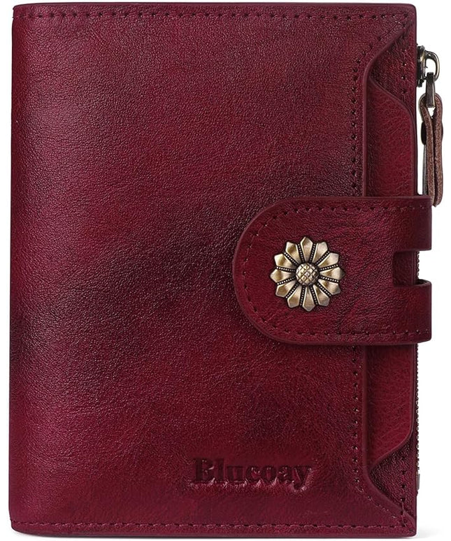 Blucoay Wallet Women,RFID Blocking Real Leather Womens Wallet Bifold Compact Card Holder Small Wallet for Women with Removable ID Window Red