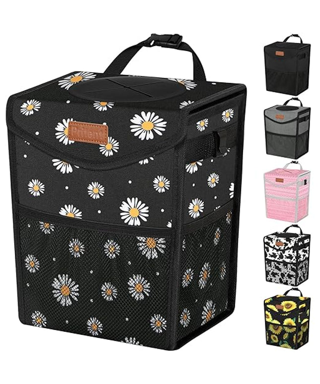Car Trash Can with Lid, Cute Leakproof Car Trash Garbage Bag Hanging Vehicle Trash Bin Small Portable Automotive Garbage Cans Organizer for Back/Front Seat/Console(Trapezoid,Black Flower)