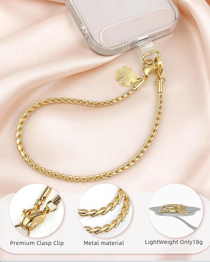 ROCONTRIP Metal Phone Lanyard with Gold Chain Detachable Phone Chain Wristlet with 2 Tether Tabs Universal iPhone Wrist Strap Premium Metal Buckles,Non-Rust,Unbreak iPhone Wristlet For Travel Shopping