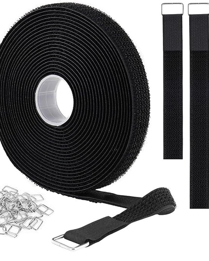 1"x16ft Hook and Loop Straps with 25 Metal Buckles, Adjustable Fastening Cable Straps, Cut-to-Length Cinch Strap, Reusable Nylon Securing Cord Ties for Organizer or Storage, 1 inch Wide, Black