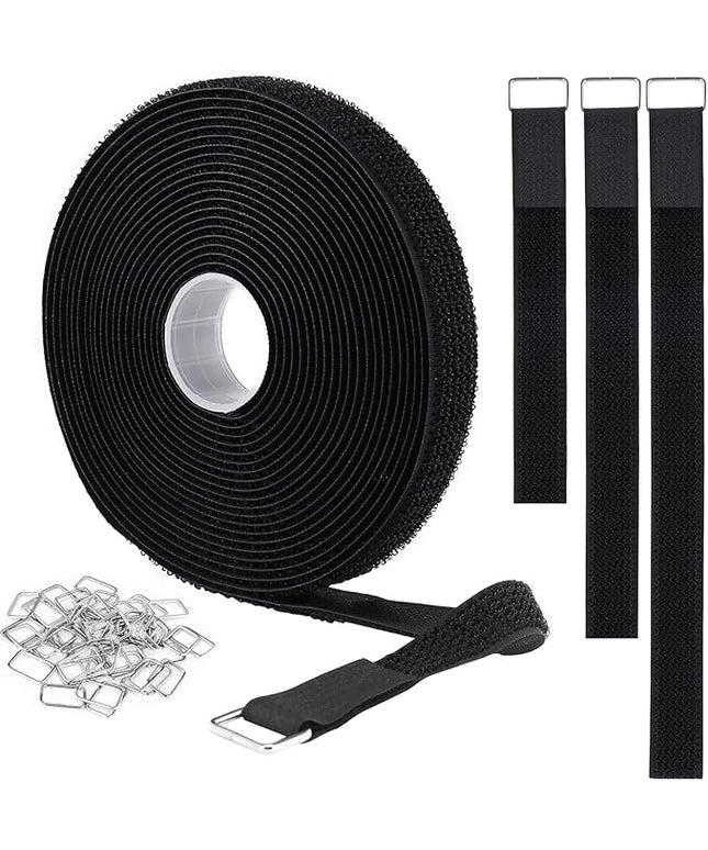 1"x16ft Hook and Loop Straps with 25 Metal Buckles, Adjustable Fastening Cable Straps, Cut-to-Length Cinch Strap, Reusable Nylon Securing Cord Ties for Organizer or Storage, 1 inch Wide, Black