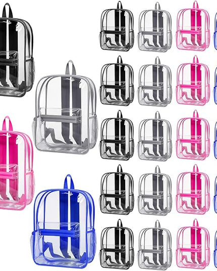 Silkfly 24 Pack Clear Backpacks Bulk PVC Transparent Bookbags Heavy Duty See Through Bags with Pockets for Stadium Work Travel(17 x 12.5 x 5.2 Inches)