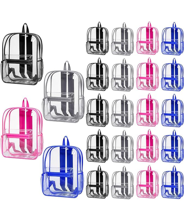 Silkfly 24 Pack Clear Backpacks Bulk PVC Transparent Bookbags Heavy Duty See Through Bags with Pockets for Stadium Work Travel(17 x 12.5 x 5.2 Inches)