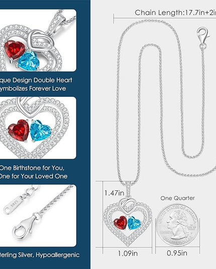 LOUISA SECRET Sparkling Double Heart Birthstone Necklaces for Women, 925 Sterling Silver Fine Jewelry, Pendant Heart Necklaces Birthday Anniversary Christmas Gift for Women Wife Mom Girlfriend Lady