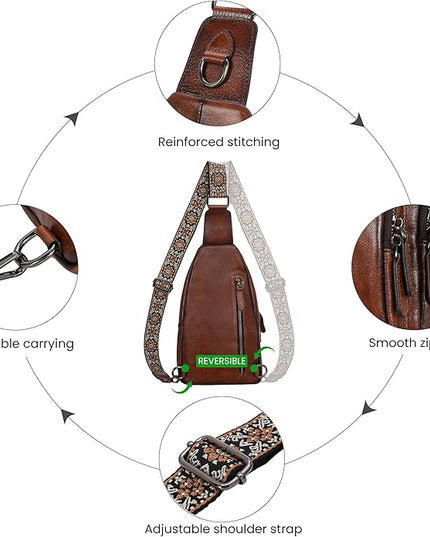 HESHE Leather Sling Bag for Women Crossbody Bags with Multi-Pocket Stylish Fanny Packs for Travel Chest Bag