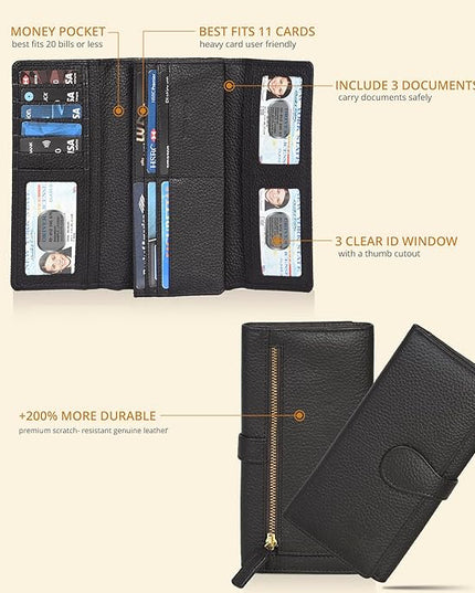 Real Leather Women Wallet Leather with RFID Blocking -Trifold Card Holder Designer Ladies Clutch with ID Window Wallets