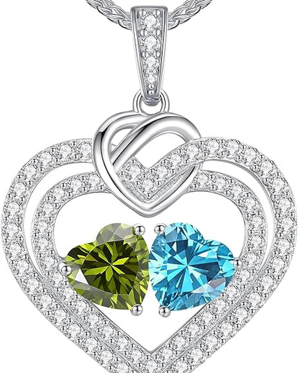 LOUISA SECRET Sparkling Double Heart Birthstone Necklaces for Women, 925 Sterling Silver Fine Jewelry, Pendant Heart Necklaces Birthday Anniversary Christmas Gift for Women Wife Mom Girlfriend Lady