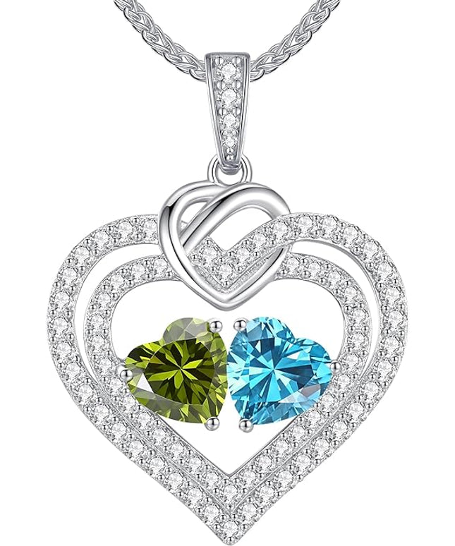LOUISA SECRET Sparkling Double Heart Birthstone Necklaces for Women, 925 Sterling Silver Fine Jewelry, Pendant Heart Necklaces Birthday Anniversary Christmas Gift for Women Wife Mom Girlfriend Lady