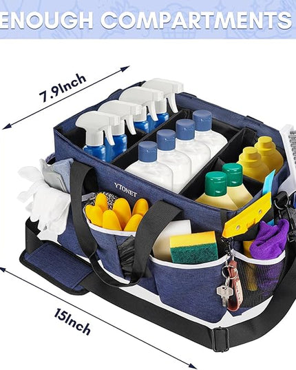 Ytonet Wearable Cleaning Caddy Bag, Large Cleaning Supplies Organizer with 4 Foldable Dividers, Kitchen Caddy Organizer with Handle & Adjustable Shoulder Straps for Cleaners & Housekeeper, Blue