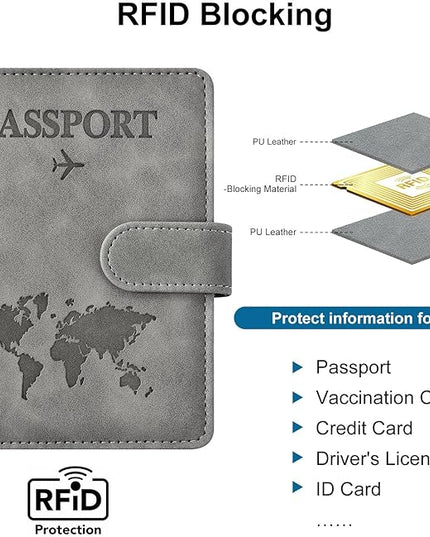 Passport Holder for Travel Women and Men RFID Passport Holder with Card Slots Holder Passport Case Passport cover Passport Wallet Travel Essentials and Accessories (Buckle, Grey)