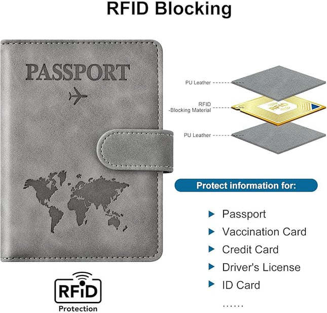 Passport Holder for Travel Women and Men RFID Passport Holder with Card Slots Holder Passport Case Passport cover Passport Wallet Travel Essentials and Accessories (Buckle, Grey)