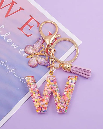 Fashion Alphabet Initial Letter Keychain Tassel Butterfly Pendant Key Ring for Purse Handbags Women Girl