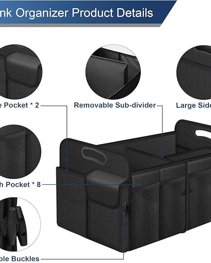 Femuar Car Trunk Organizer, Trunk Storage Organizer with 72L Large Capacity Waterproof Collapsible and 11 Pockets, Trunk Organizer for Suv/Jeep/Sedan, Large Size, Black