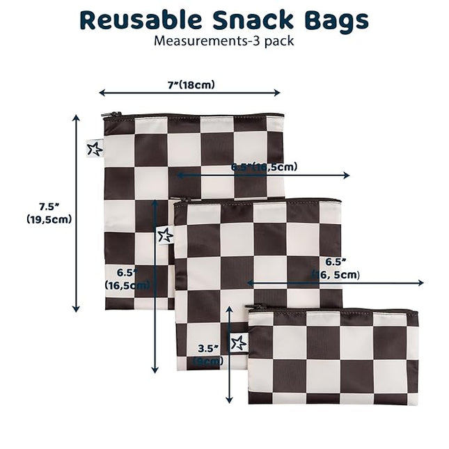 Tiny Twinkle Reusable Snack Bags for Kids – 3 Pack Snack Pouches & Sandwich Bag for Toddlers – Machine Washable, Mess-Proof for Lunch & Travel (Black Checkers)