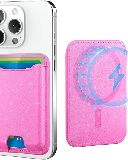 TopMade for Magsafe Wallet, Sparkle Magnetic Card Holder for iPhone 17, iPhone 16/15/14/13/12 Series, Leather Magnetic Phone Wallet with Powerful Magnet, RFID Blocking, Fit 4 Cards, Glitter Pink