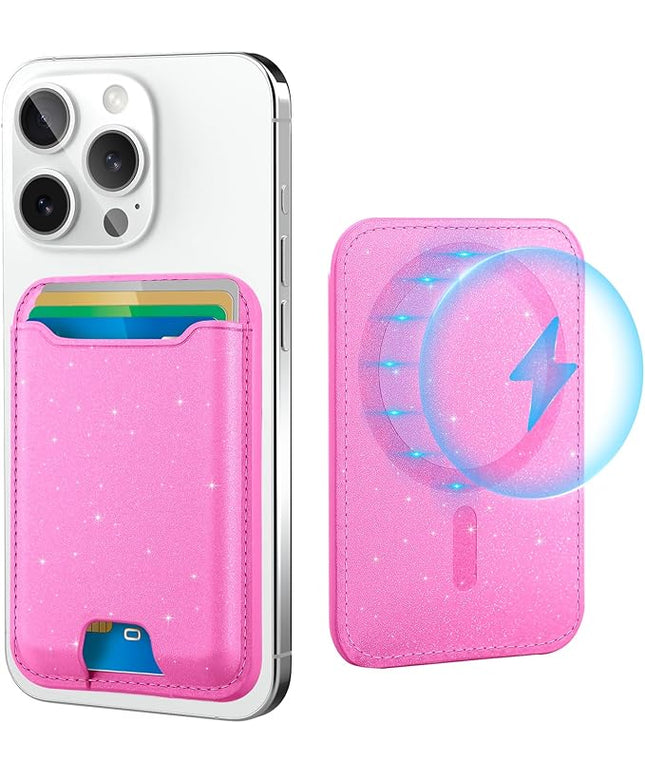 TopMade for Magsafe Wallet, Sparkle Magnetic Card Holder for iPhone 17, iPhone 16/15/14/13/12 Series, Leather Magnetic Phone Wallet with Powerful Magnet, RFID Blocking, Fit 4 Cards, Glitter Pink