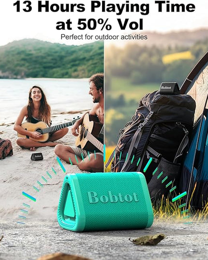 Bobtot Portable Bluetooth Speaker Wireless, IPX7 Small Shower Speaker Waterproof, 15H Playing Time, Loud and Stereo Sound with Bass, TWS Pairing for Party, Camping, Travel, Green