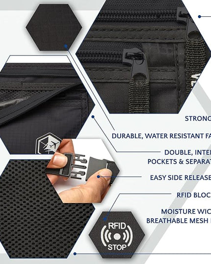 VENTURE 4TH Money Belt for Travel – Hidden Under-Clothes RFID Blocking Passport Holder & Slim Travel Wallet Pouch for Men & Women to Protect Cash, Cards & Documents (Pure Black)