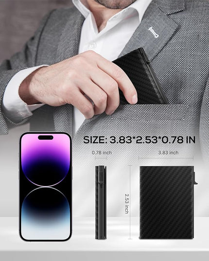 Mens Wallet Card Holder - Smart Wallet for Men, Pop Up Card Case, Top Grain Leather, RFID Blocking, Slim, Minimalist, Ultra-Thin, Front Pocket, 12 Card Capacity | ID Window | Cash Slot (Carbon Fiber)