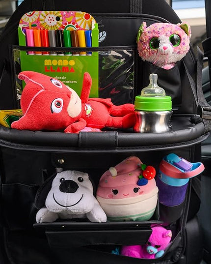 Car Backseat Organizer with Built-in Foldable Tray | Double Layered Leather, Waterproof Car Seat Organizer with - Pockets | Easy Installation, Perfect for Family Trips and Daily Use
